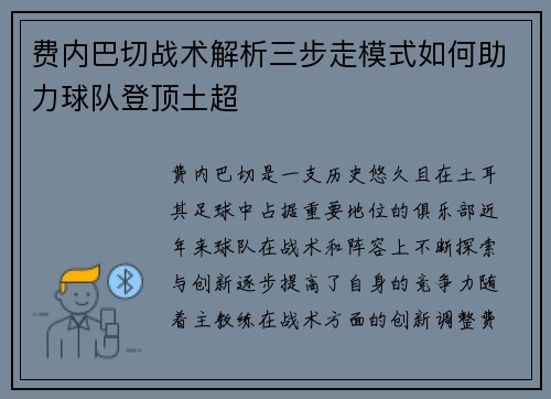 费内巴切战术解析三步走模式如何助力球队登顶土超