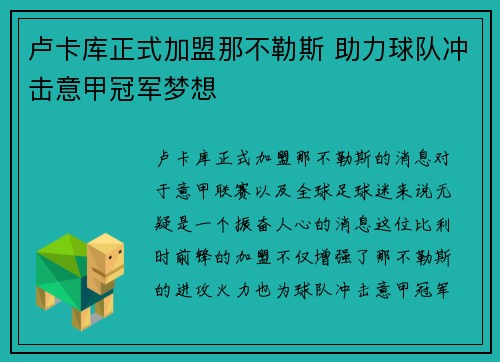 卢卡库正式加盟那不勒斯 助力球队冲击意甲冠军梦想